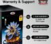 Home flour mill machine warranty and support graphic showing a flour mill unit with icons highlighting strong customer service, long-lasting performance, and reliable after-sales support.
