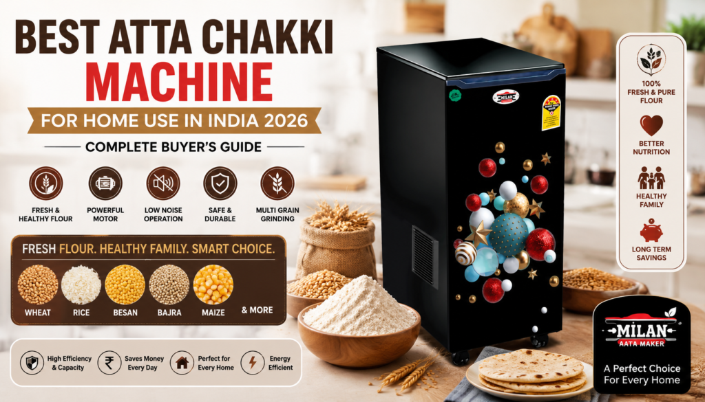 Milan Atta Maker domestic flour mill machine with fresh wheat grains, flour bowl, and chapatis displayed in a modern kitchen, featured in the best atta chakki machine for Home Use in India 2026 buyer's guide.