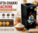 Milan Atta Maker domestic flour mill machine with fresh wheat grains, flour bowl, and chapatis displayed in a modern kitchen, featured in the best atta chakki machine for Home Use in India 2026 buyer's guide.