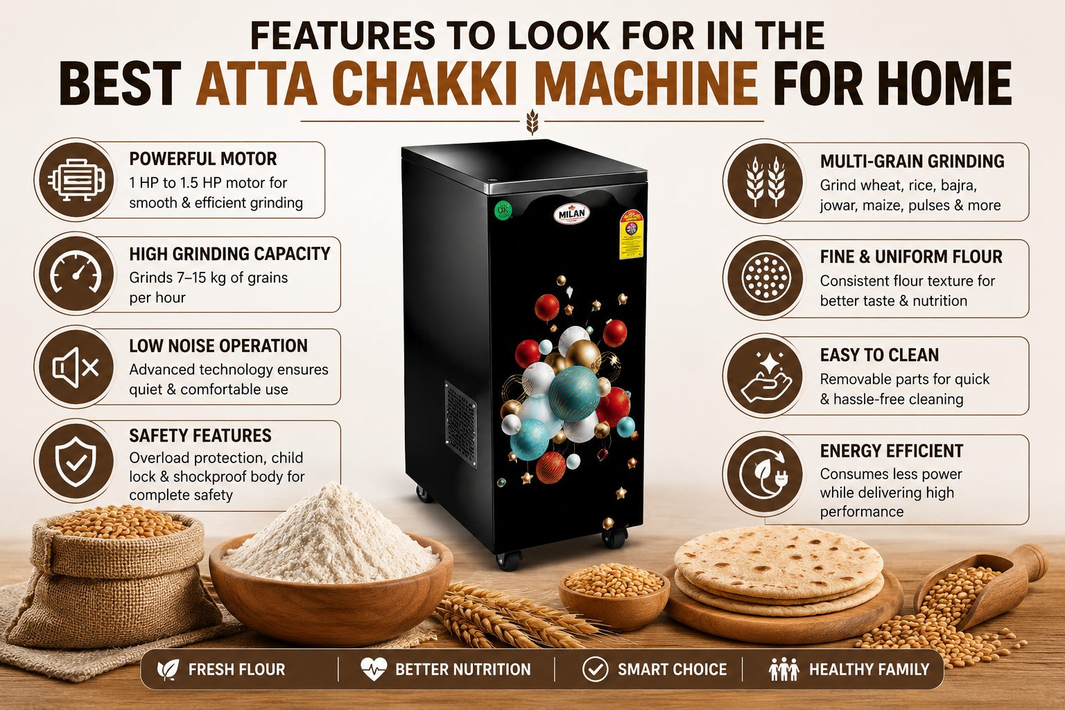 Features to look for in the best atta chakki machine for home including powerful motor, multi-grain grinding, low noise operation, safety features, and energy efficiency