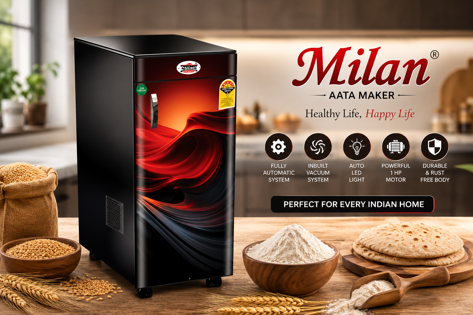 Milan automatic flour mill machine for home with stylish black designer cabinet for fresh and healthy atta grinding